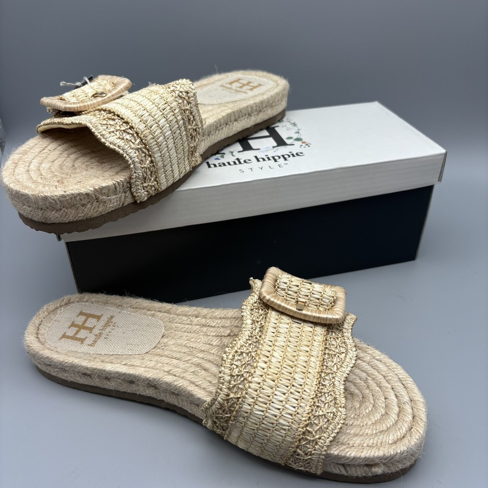 Haute Hippie Nyssa Sandals Espadrille‎ Sole Straw Slide Size 9 Scallop Edge